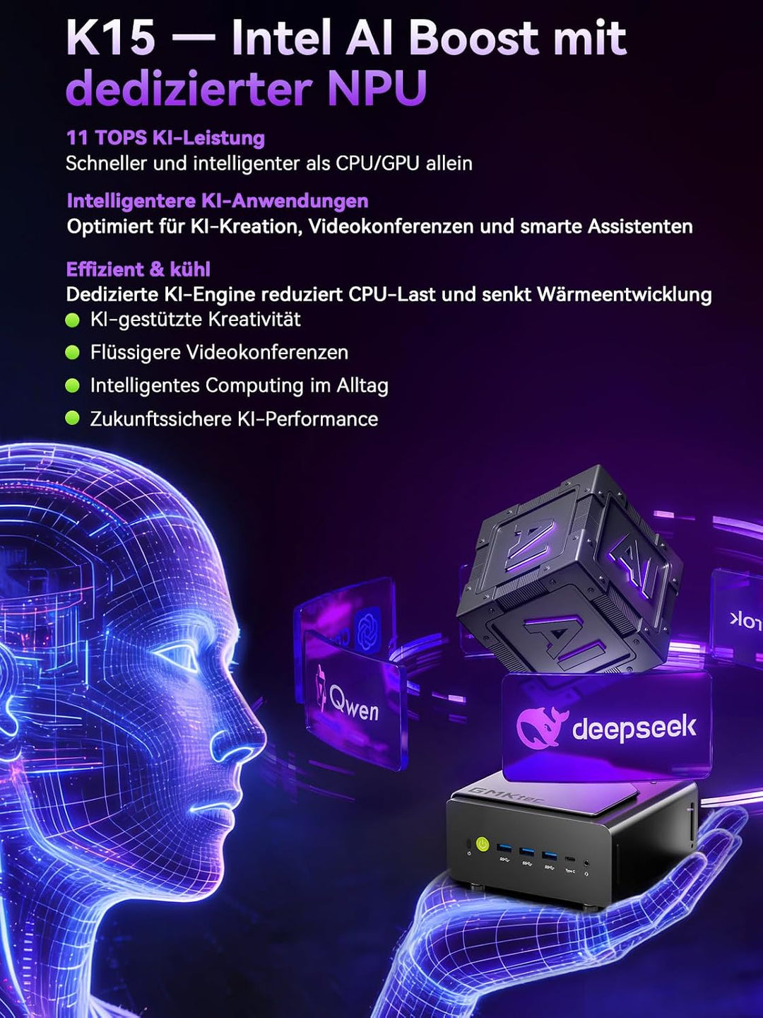 GMKtec K15 AI Oculink Mini PC mit Intel Core Ultra 5 125U Prozessor, Barebones ohne RAM/SSD/OS, Desk