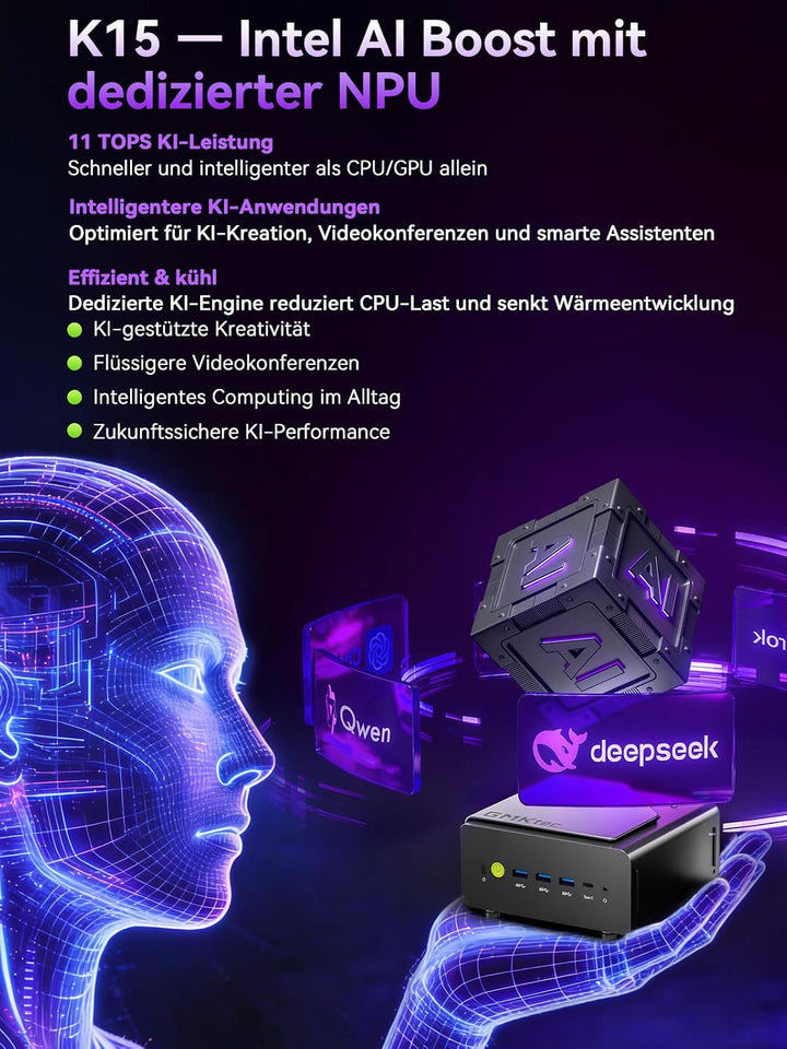 GMKtec K15 AI Oculink Mini PC mit Intel Core Ultra 5 125U Prozessor, Barebones ohne RAM/SSD/OS, Desk