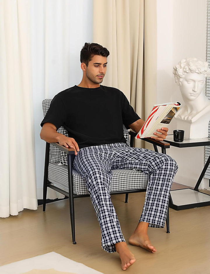 Litherday Schlafanzughose Herren Lang Kariert Pyjamahose 100% Baumwolle Nachtwäsche hose mit Taschen