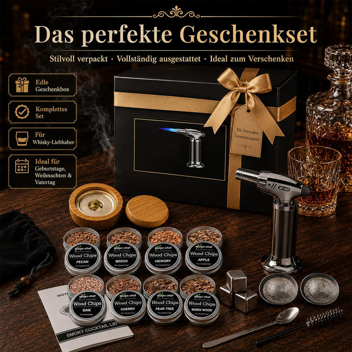 Whisky-Räucherset mit Fackel, Cocktail Räucher-Set mit 8 Holzsorten & Zubehör Drink Räucher-Kit für
