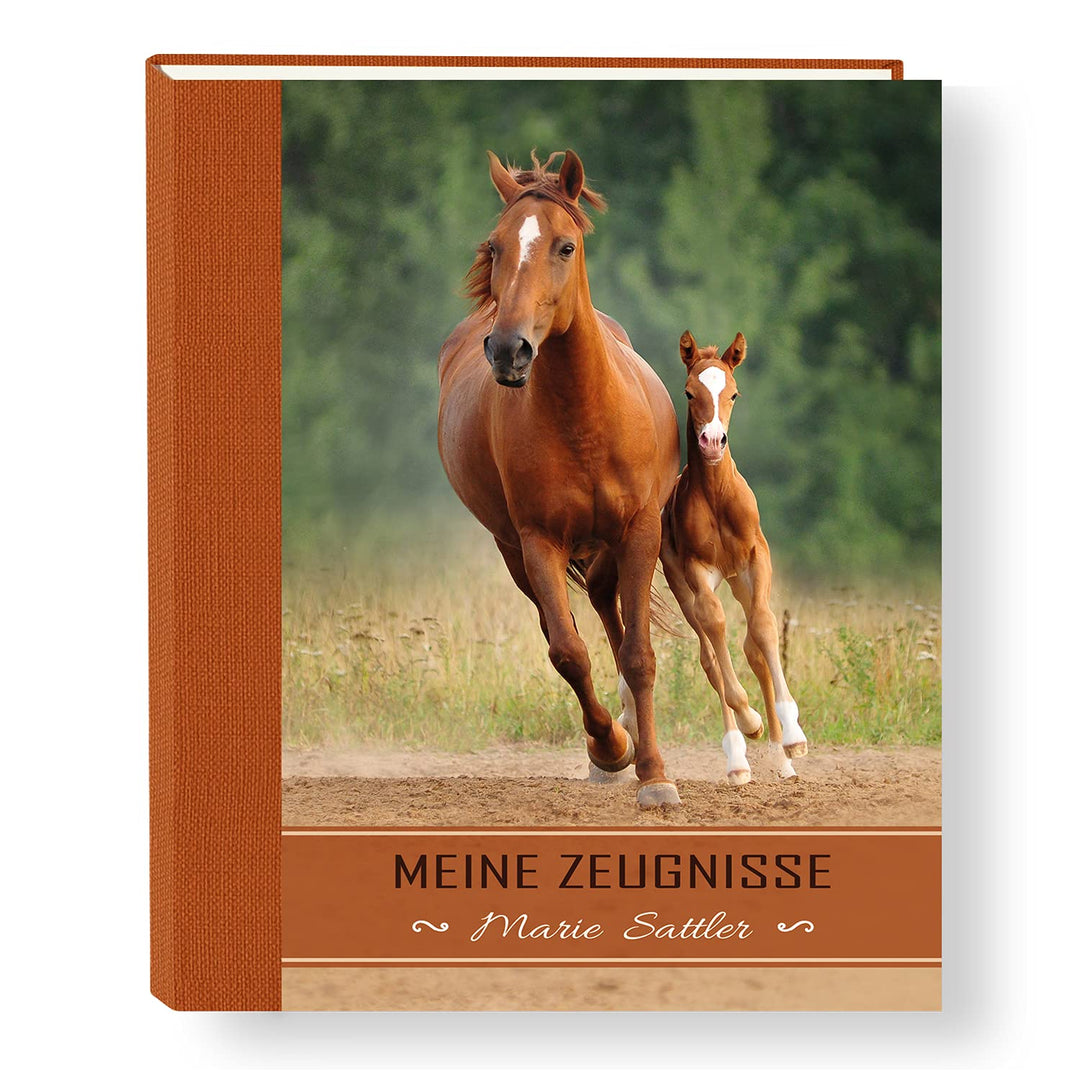 Zeugnismappe personalisiert Little Horse A4 ca. 31x24 cm, orange, Zeugnisbuch Pferde, Urkundenmappe