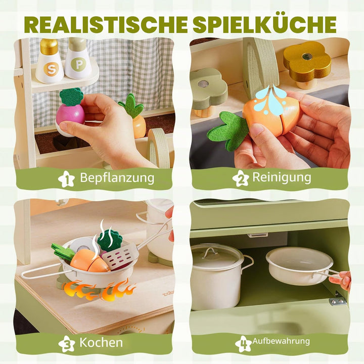 ROBUD Kinderküche aus Holz – Spielküche mit Kühlschrank, Eiswürfelspender, Backofen & Zubehör, Rolle