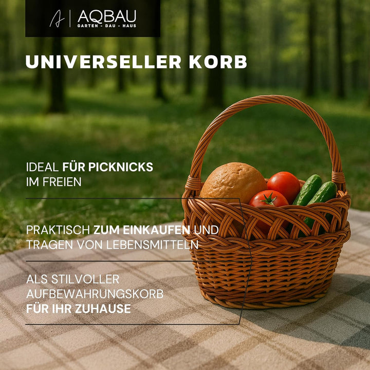 Weidenkorb einkaufskorb 37 x 40 x 20cm, Korb geflochten aus Weide, Picknickkorb, Pilzkorb, Tragekorb