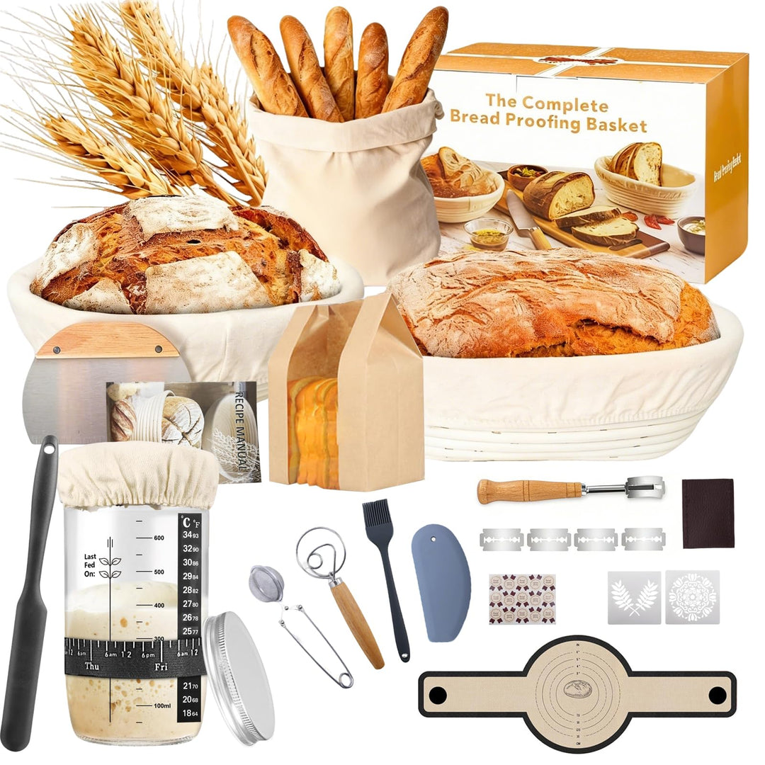 Gärkörbchen für Sauerteig Starter Set, 25cm Ovale & 23cm Runde Proofing Korb, Komplette Brot Backen