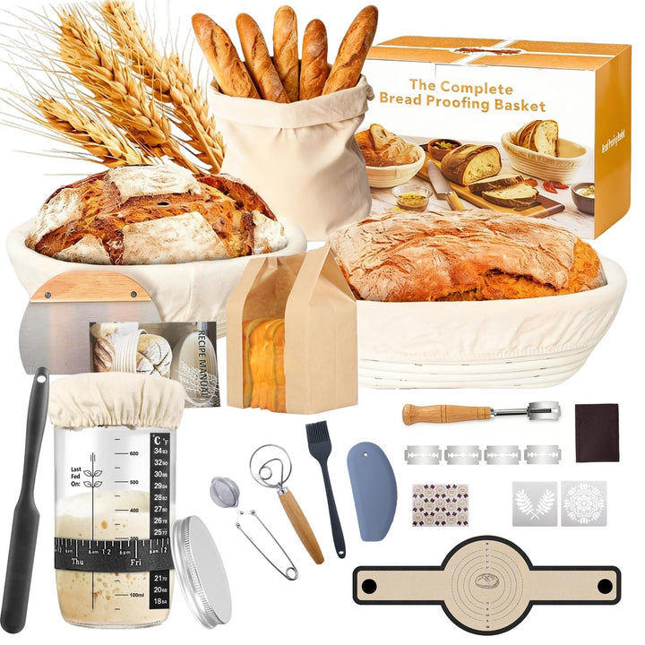 Gärkörbchen für Sauerteig Starter Set, 25cm Ovale & 23cm Runde Proofing Korb, Komplette Brot Backen