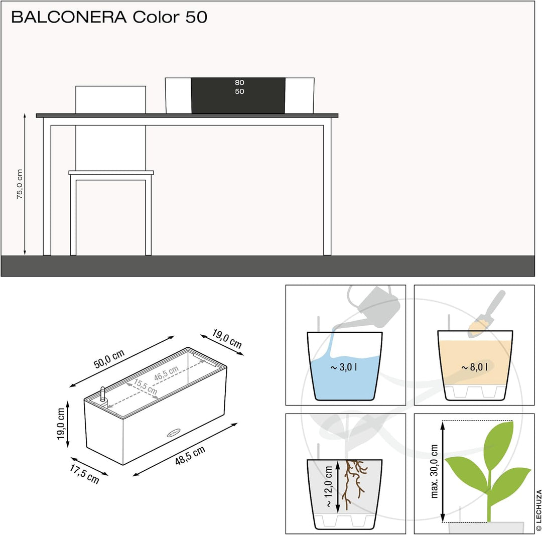 LECHUZA "BALCONERA Color 50" Pflanzgefäss mit Erd-Bewässerungs-System, Weiss, 50 x 19 x 19 cm 50x19x
