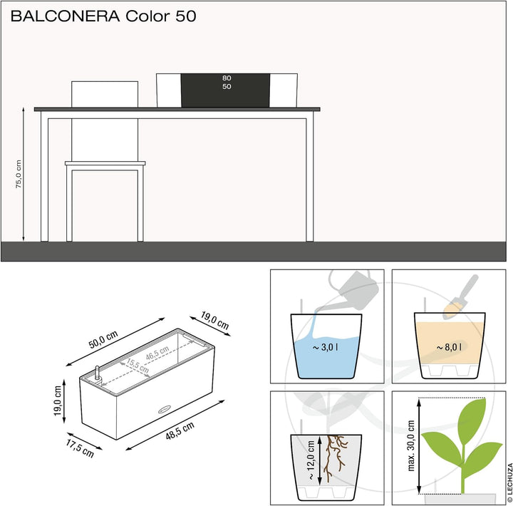 LECHUZA "BALCONERA Color 50" Pflanzgefäss mit Erd-Bewässerungs-System, Weiss, 50 x 19 x 19 cm 50x19x
