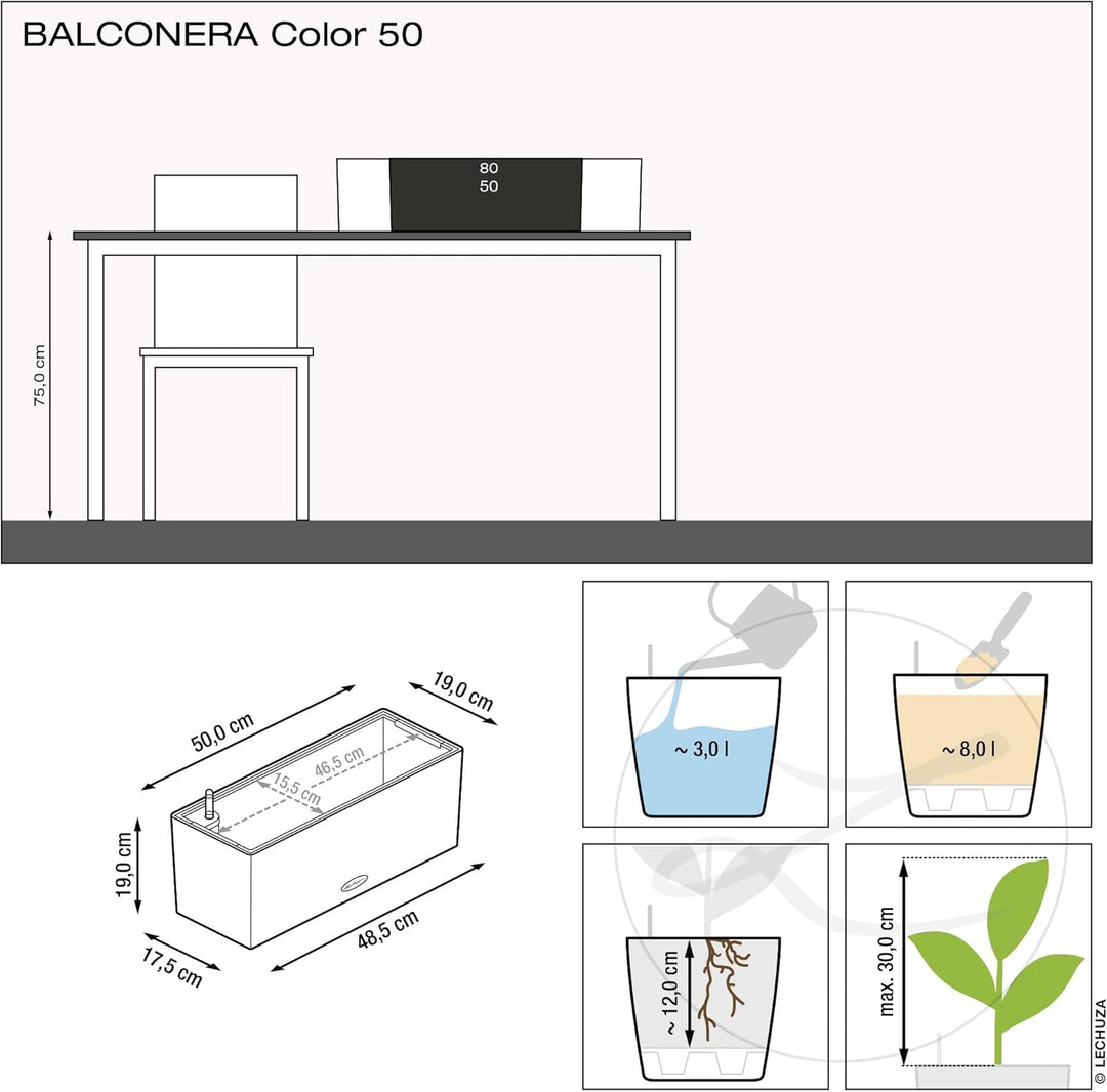 LECHUZA "BALCONERA Color 50" Pflanzgefäss mit Erd-Bewässerungs-System, Schiefergrau, 50 x 19 x 19 cm