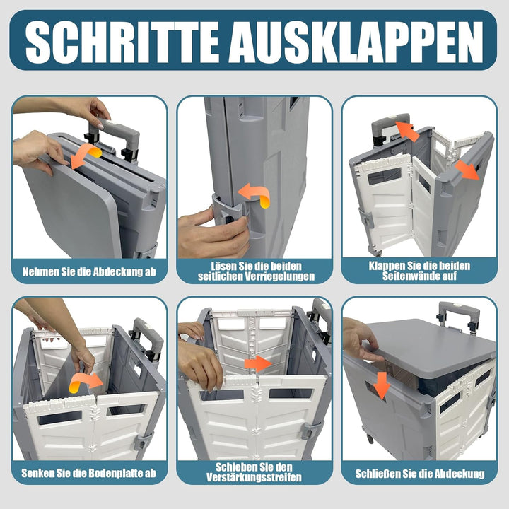 Einkaufstrolley Klappbar Einkaufswagen Metallräder, Transportbox mit 4 Rollen & 1 Teleskopgriff, Tra
