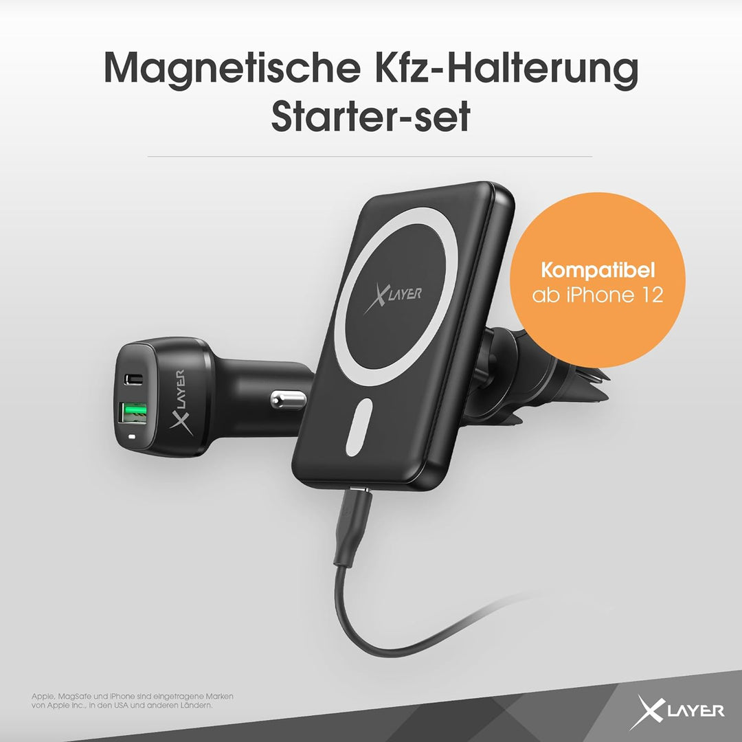 XLayer MagFix Pro Wireless KFZ Handyhalter mit USB-C Kabel und Kabellos Ladegerät Standby Kompatibel