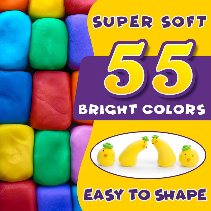 SUNCLAY Modelliermasse Lufttrocknend - 55 Farben Knete Set mit 80 Seiten Anleitungsbuch 9 Stück Knet