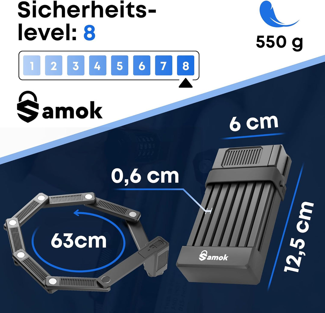 SAMOK Faltschloss Fahrrad 63 cm - Fahrradschloss mit Halterung [LEICHT & KLEIN] Variante Schlüssel o