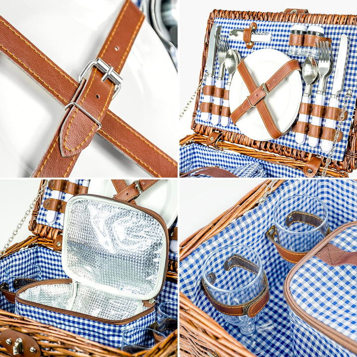 Zolta Picknickkorb 4 Personen - Korb mit Deckel - Weidenkorb mit Picknick Geschirr und Thermotasche