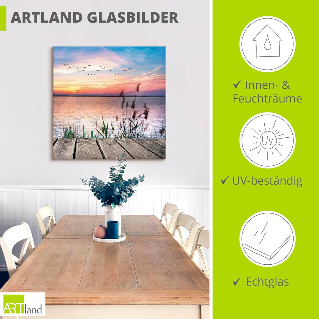 Glasbilder Wandbild Glas Bild einteilig 50x50 cm Quadratisch Natur Steg Landschaft See Himmel Sonnen