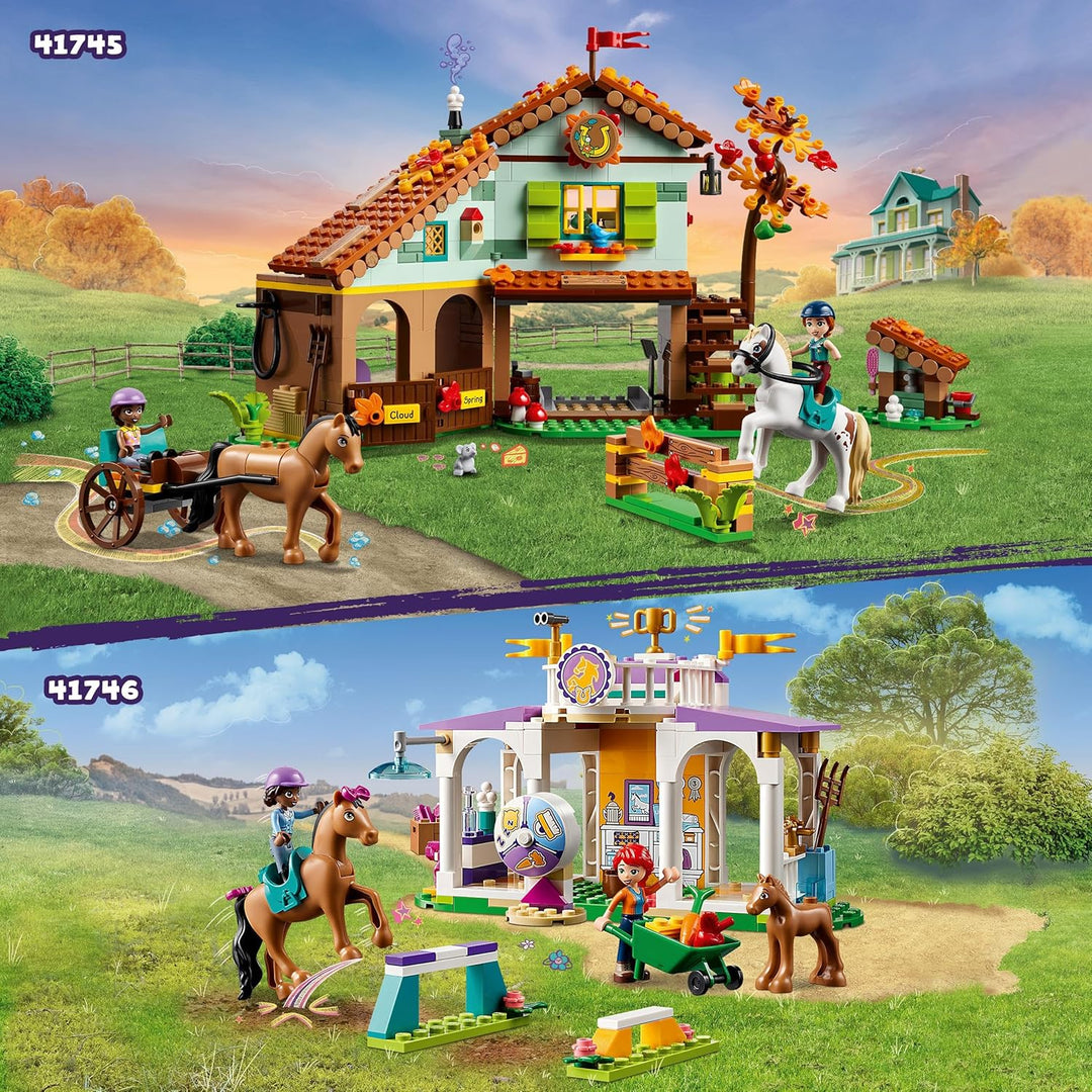 LEGO Friends Reitschule Set mit 2 Spielzeug-Pferden, Aliya und Mia Mini-Puppen, Reitstall- und Pferd