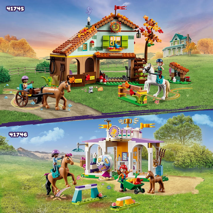 LEGO Friends Reitschule Set mit 2 Spielzeug-Pferden, Aliya und Mia Mini-Puppen, Reitstall- und Pferd