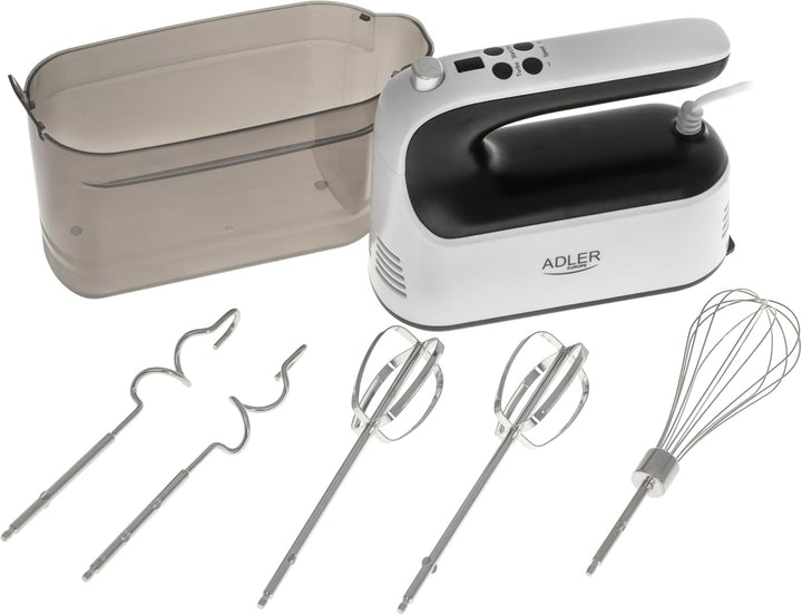 Adler AD 4229 Elektrischer Handmixer, 5 Zubehörteile, digitale Geschwindigkeitsregelung, Turbo, Weis