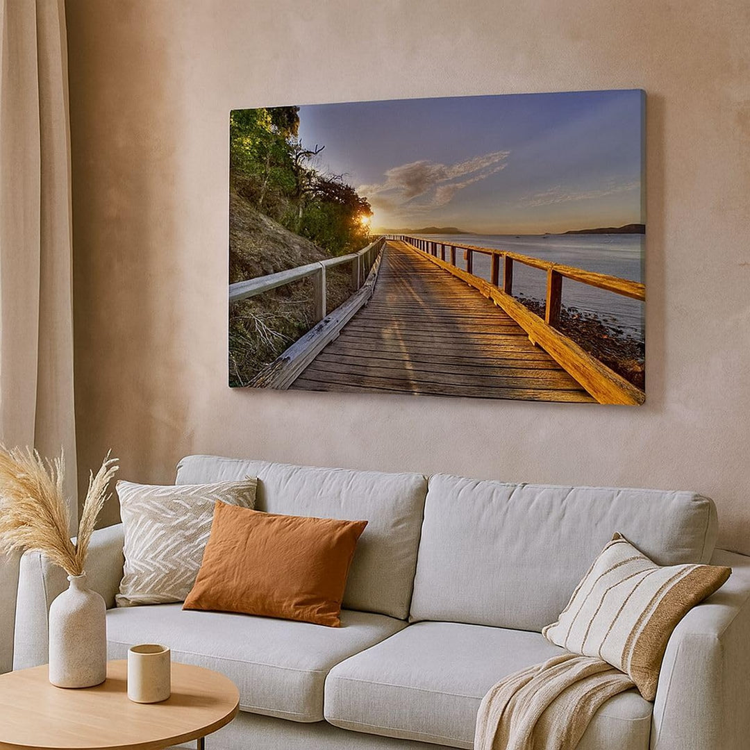 Bilder auf Leinwand 100x70cm Leinwandbild Fussgängerbrücke Himmel Wasser Gross Wanddeko Bild Schlafz