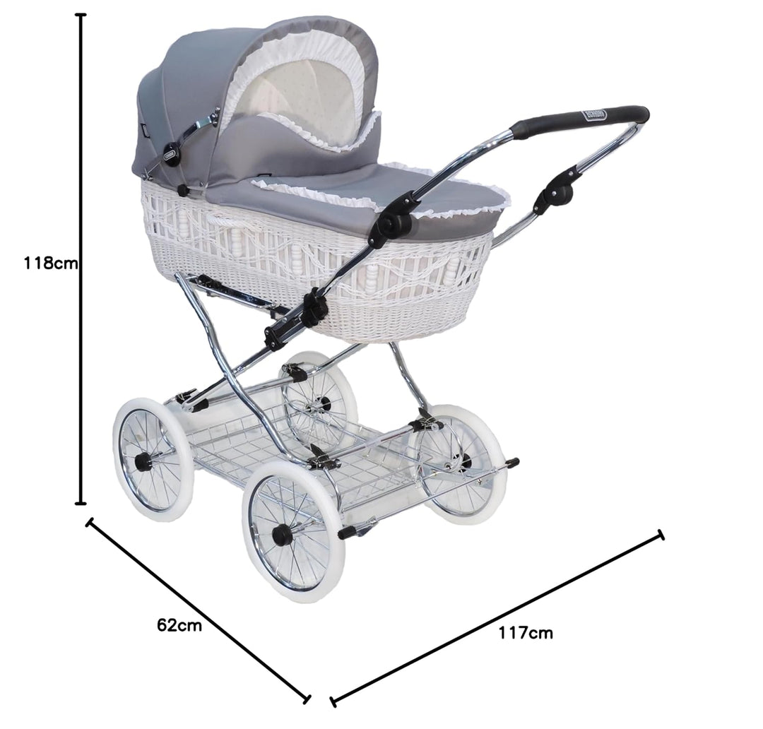 EICHHORN Kinderwagen Weidenkorb - Kinderwagen aus echter Weide, handgeflochten, Korb Weiss, Stoff Gr