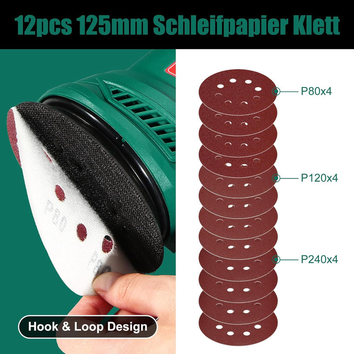 Exzenterschleifer, HYCHIKA 300W Schleifmaschine, 6 Gänge, mit 12 pcs Schleifpapier (Körnung 80/120/2