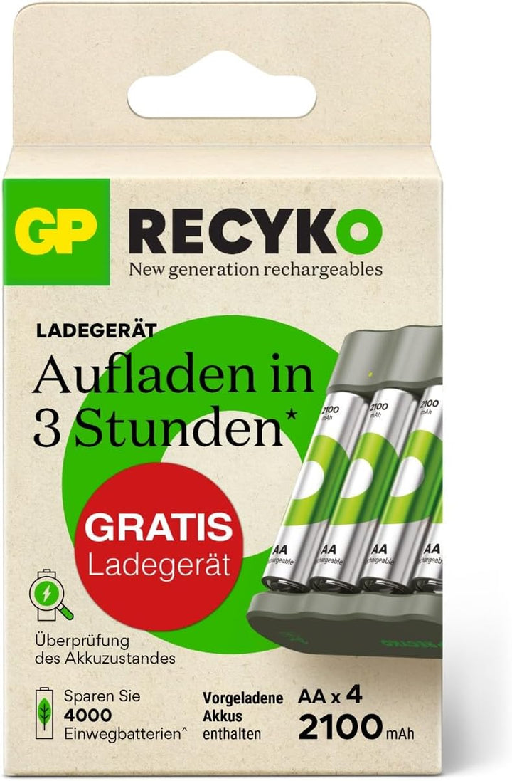 GP ReCyko USB Batterie Ladegerät AA AAA incl. 4 Stück Akku AA 2100mAh, NiMH 1,2V Akku Ladegerät mit