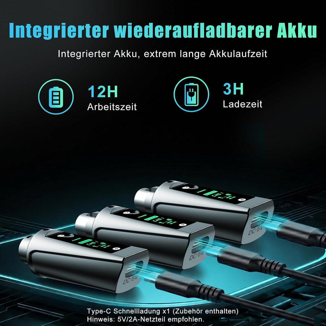 Aveek Kabelloses XLR-Sender/Empfänger für dynamisches Mikro,60 m Reichweite |, Empfänger +2 Sender