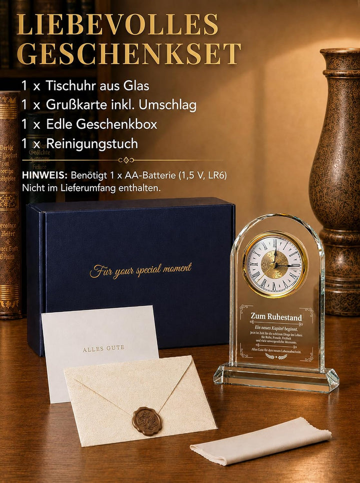 Ruhestand Geschenk Frau &amp; Mann - Glas Tischuhr mit Lasergravur | Pension Abschiedsgeschenk für Rentn