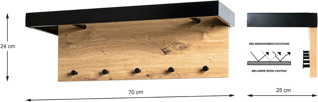 HAKU Möbel Wandgarderobe, MDF, eiche-schwarz, B 70 x T 25 x H 24 cm 70 x 25 x 24 Eiche-schwarz, 70 x