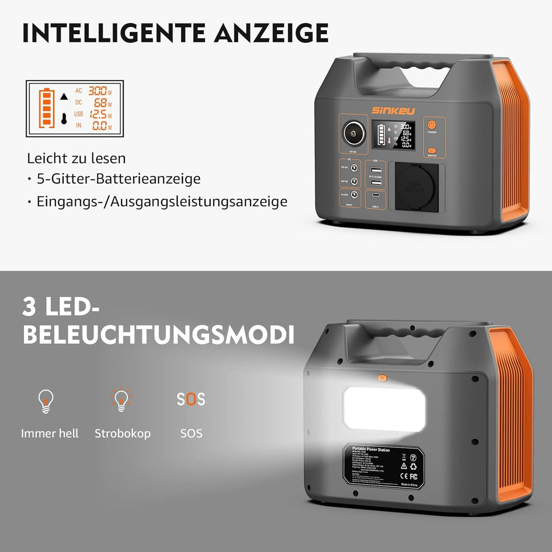 SinKeu Tragbare Powerstation 296WH, Solar Generator mit 230V 300W Reine Sinuswelle AC Steckdose,12V