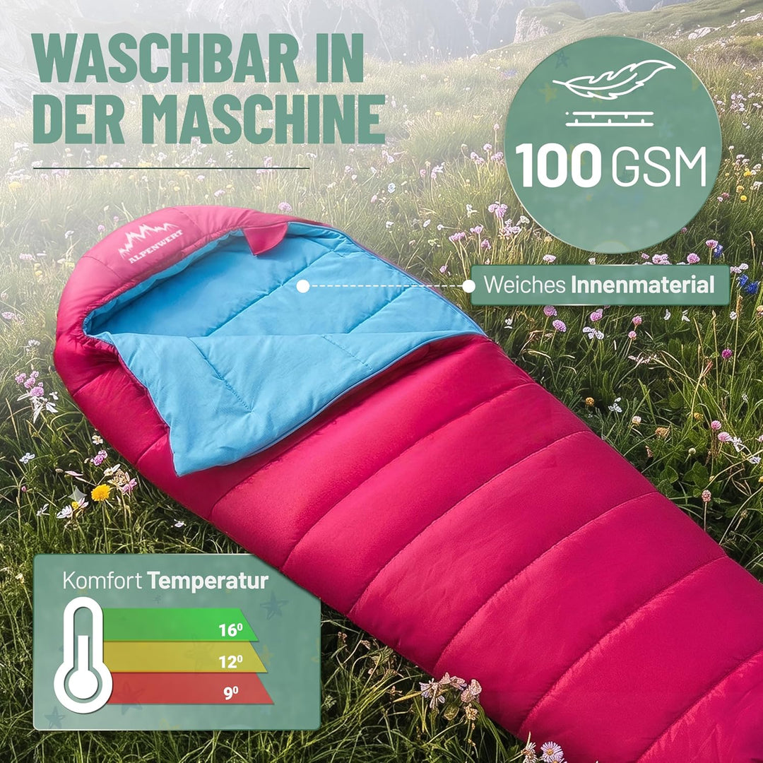 ALPENWERT® Kinderschlafsack Sommer – wächst mit! [130–170cm] – Nur 920g, Kompakt [32×19cm] – Perfekt