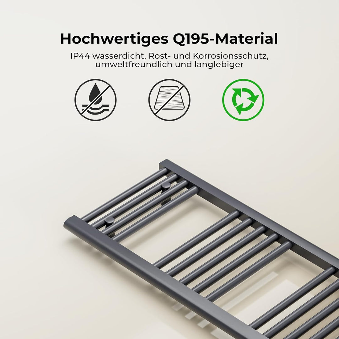 Heilmetz Badheizkörper Elektrisch mit Heizstab 600W Leistung 1400 x 600 mm Anthrazit Gerade Bad Heiz