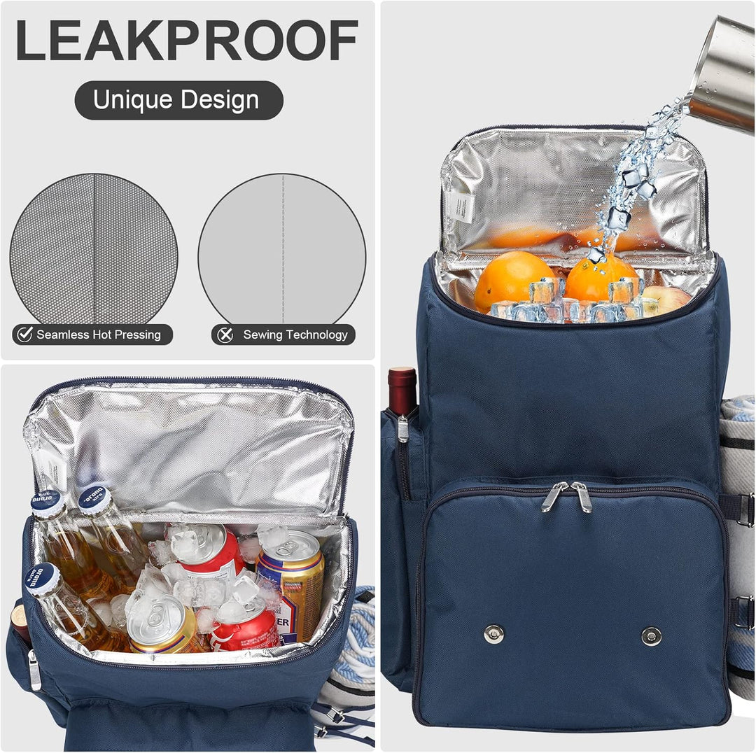 Picknick-Rucksack für 4 Personen mit grosser isolierter Kühltasche, Picknickkorb-Set mit Weinbeutel,