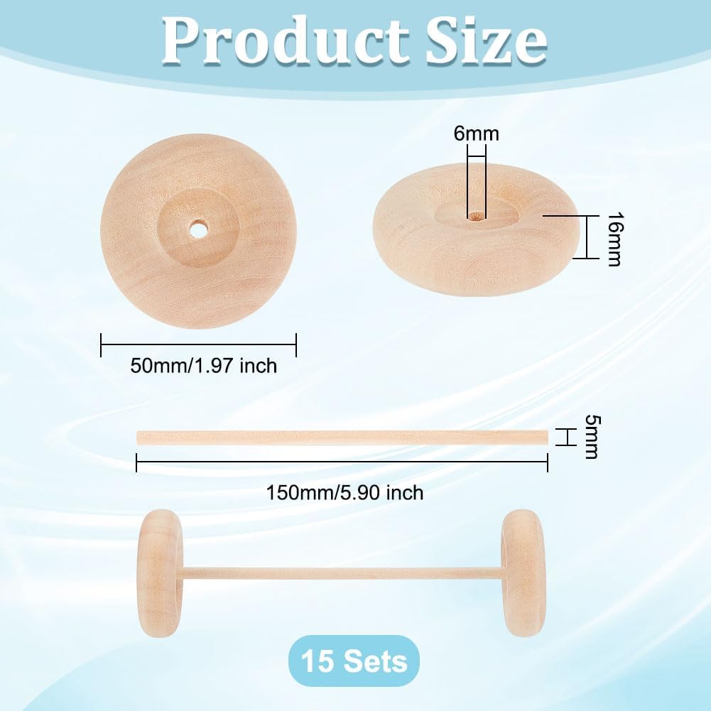 OLYCRAFT 30 Stück 50x16mm Holz-Bastelräder mit 15 Stück 15cm Holzstäbchen - Premium Holzräder für He