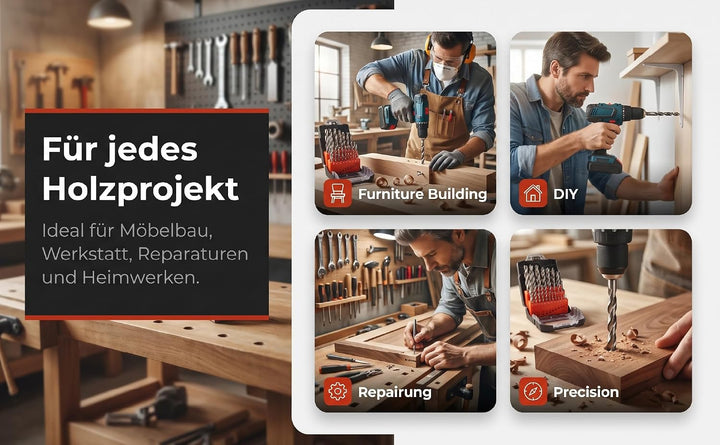 jjw-germany HSS-G 25-tlg Präzisions - Holzbohrer Set - 1-13mm > 0,5mm steigend, für Holz, MDF, Spanp