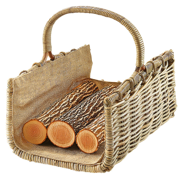 Kobolo Holztrage Holzkorb für Kaminholz eckig - aus grauem Rattan mit Jutefutter