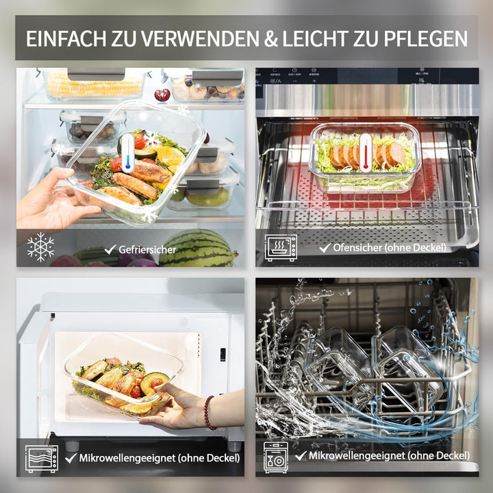 Glas-Frischhaltedosen Set für Lebensmittel,18 Teile (9Behälter, 9 Transparente Deckel) Spülmaschinen