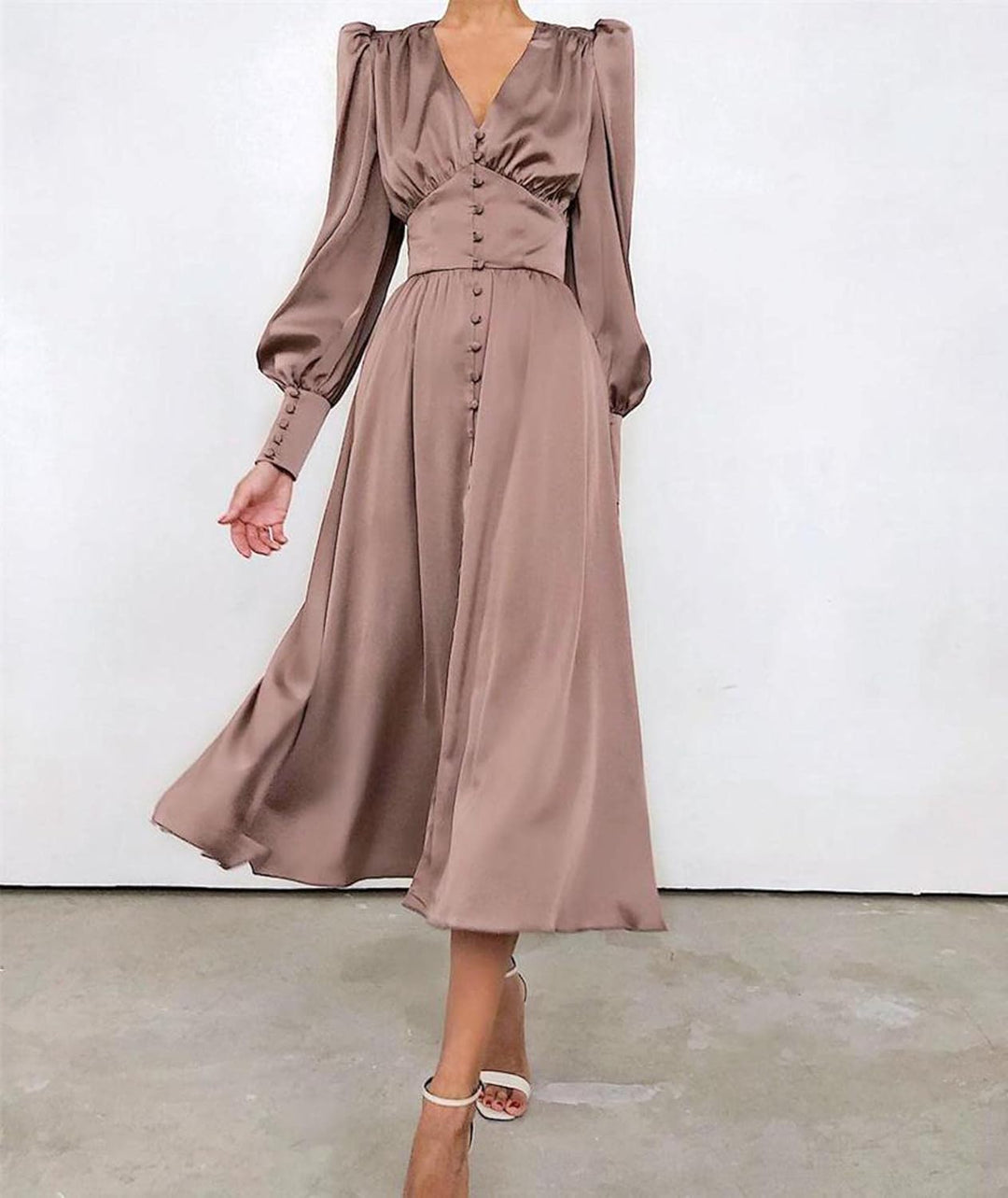xxxiticat Damen Langarm Satin Maxikleid Lange Laternenärmel Knopfleiste Rüschen Einreihig Vintage Pu