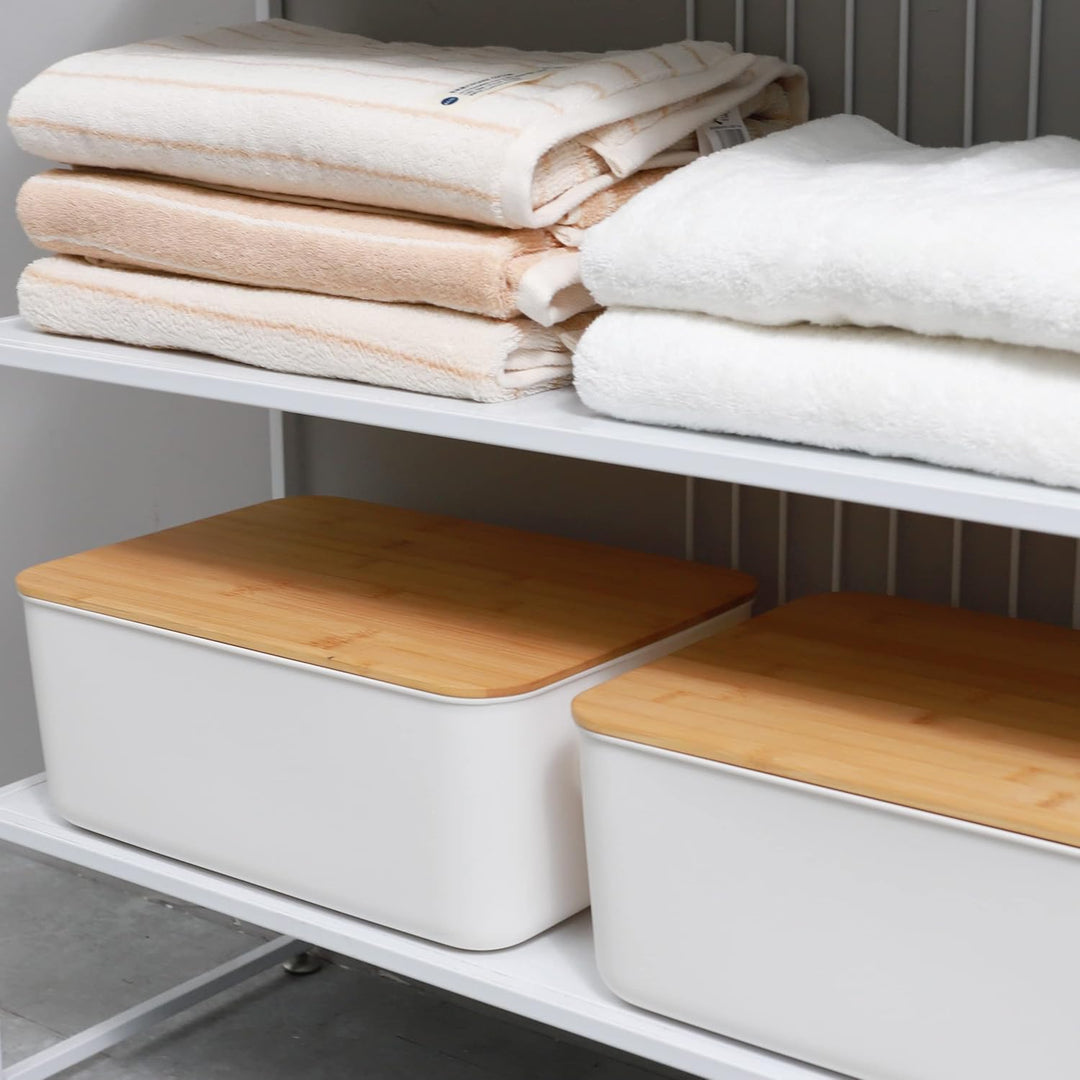 Kerhouze 2 PCS Aufbewahrungsbox mit Bambus Deckel Weiss Aufbewahrungsbox Kunststoff Plastik Box für
