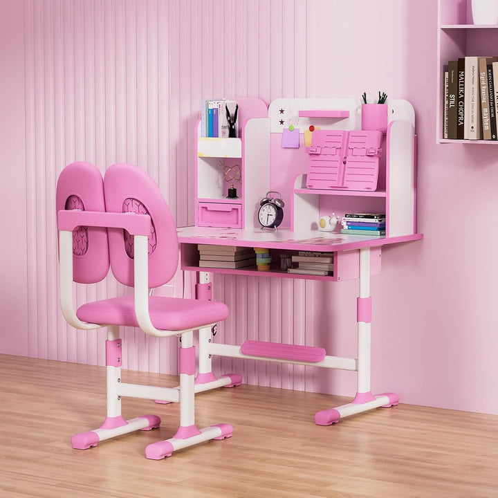 Kids Desk and Chair Set, Hhe Verstellbarer Kinder Schreibtisch mit Ablagefchern und Bcherregal, Ergo