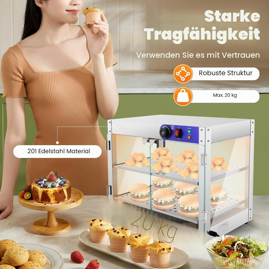 2 Etagen Warmhaltevitrine, 800W Edelstahl Vitrine Heisse Theke Gewerblicher Speisenwärmer, Wärmebehä