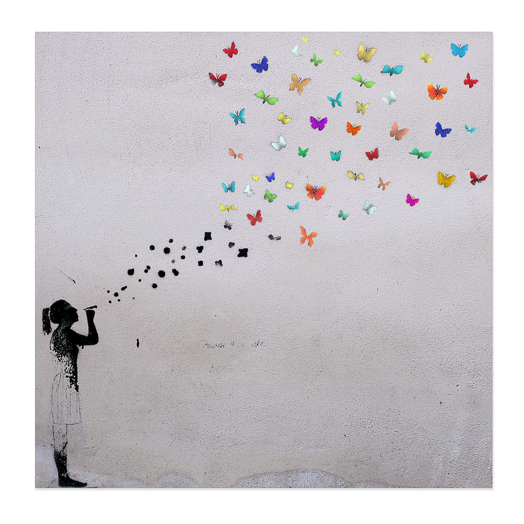 Bild auf Leinwand "Banksy Graffiti " Kunstdruck Street Art - Schmetterling Bubble (60x60 cm), 60x60