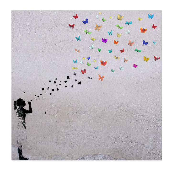 Bild auf Leinwand "Banksy Graffiti " Kunstdruck Street Art - Schmetterling Bubble (60x60 cm), 60x60