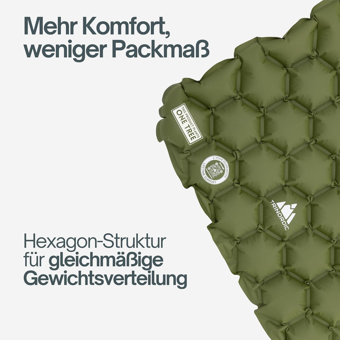 Trinordic 550g Ultraleichte Aufblasbare Isomatte - Mit Aufblasbarem Kissen - Camping Matratze mit Kl