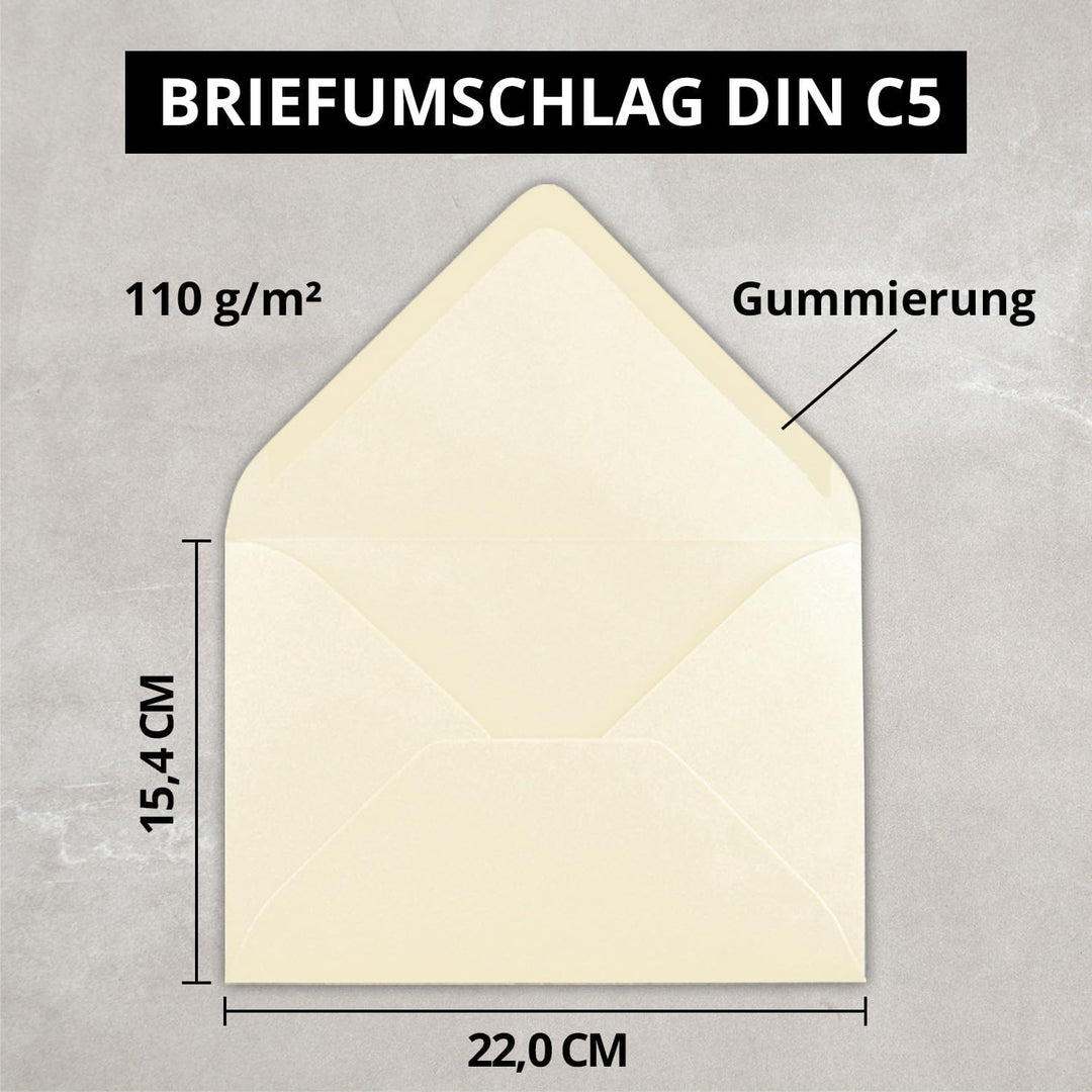 Briefumschläge in Vanille - 150 Stück - DIN C5 Kuverts 22,0 x 15,4 cm - Nassklebung ohne Fenster - W