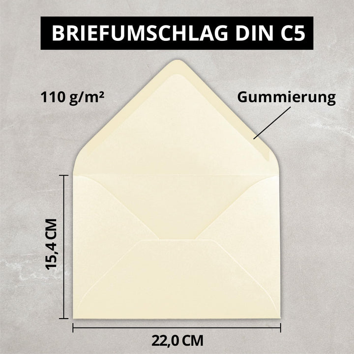 Briefumschläge in Vanille - 150 Stück - DIN C5 Kuverts 22,0 x 15,4 cm - Nassklebung ohne Fenster - W