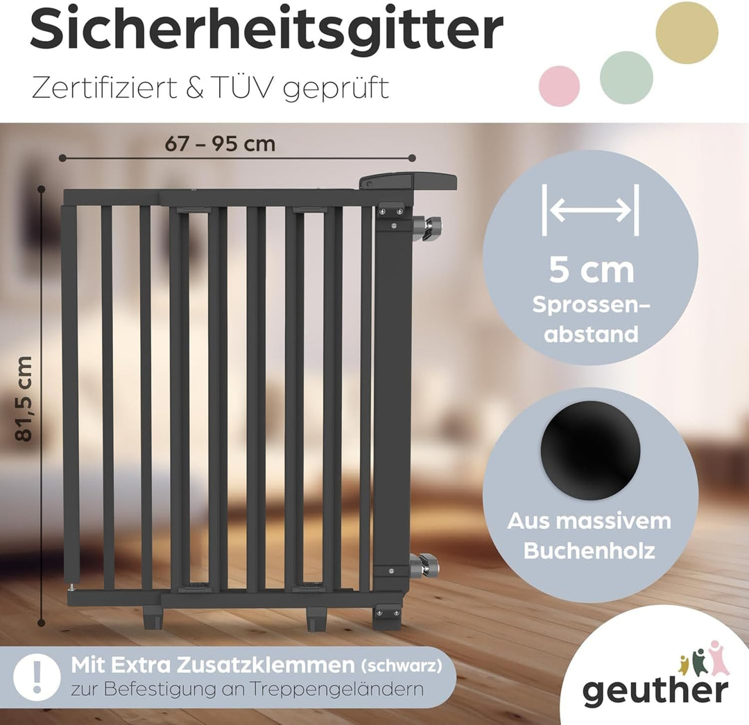 Geuther 2733+ schwenkbares Treppenschutzgitter/Türgitter, TÜV/GS zertifiziert, 67 cm - 107 cm, zum B