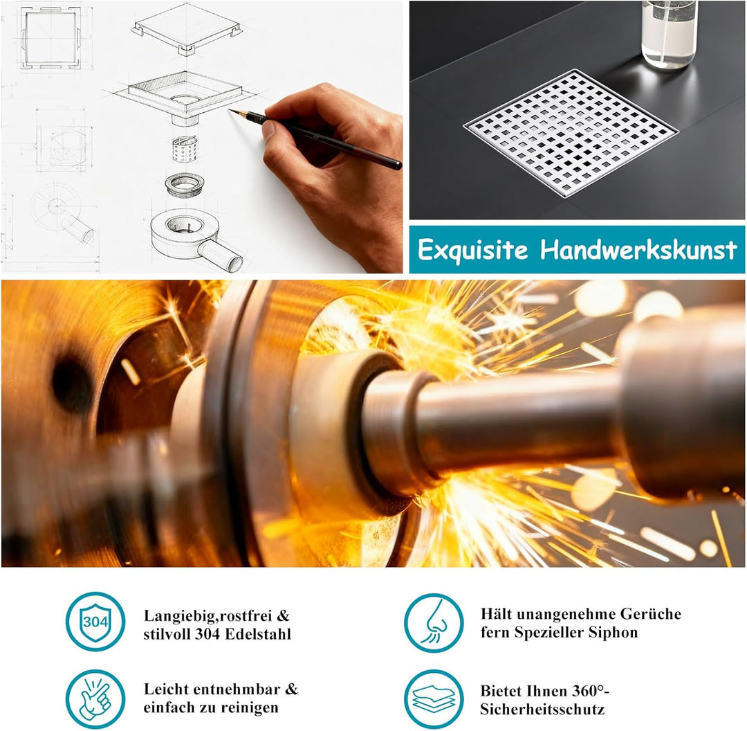150 x 150 mm Bodenablauf Dusche Edelstahl Duschrinne mit 360° Siphon, Geruchsverschluss, Haarsieb un