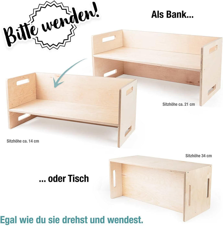 Ehrenkind® Kinder Bank | Vielseitig & Stabil | Montessori Bank | Wendebank aus Birkenschichtholz | N