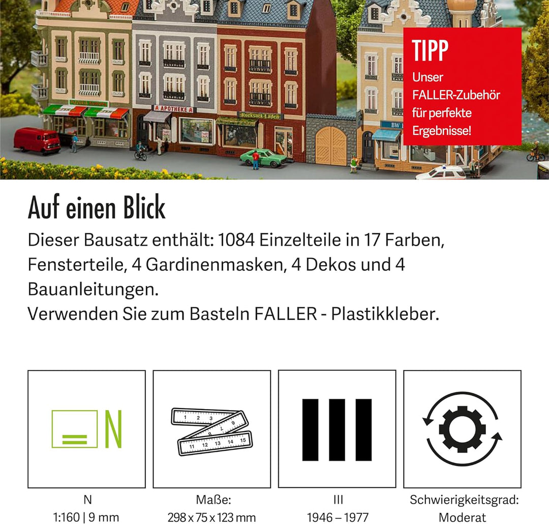 FALLER Stadthäuserzeile Beethovenstrasse Modellbausatz mit 1084 Einzelteilen 298 x 75 x 123 mm I Mod