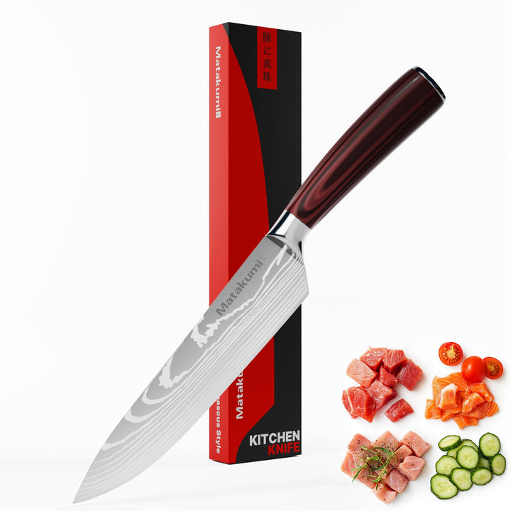 Matakumi Kochmesser mit 20 cm Klingenlänge, Extra Scharfe Chefmesser mit Ergonomischem Pakkaholz-Gri